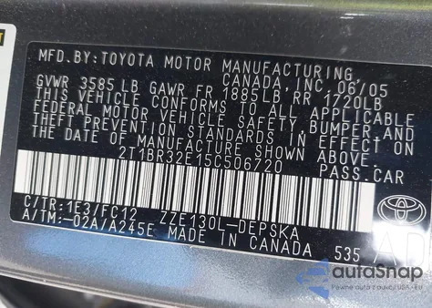 2005 Toyota Corolla Ce/Le/S z USA, uszkodzony, nr VIN 2T1BR32E15C506720